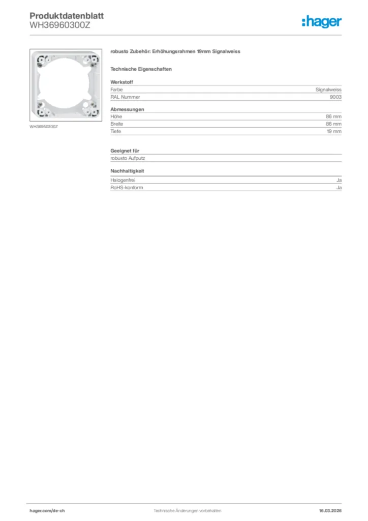Bild Hager Produktdatenblatt WH36960300Z | Hager Schweiz