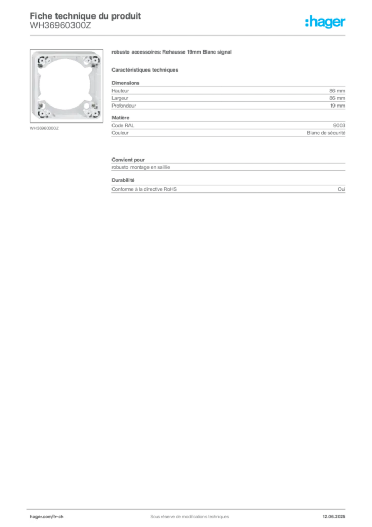 Image Hager Fiche technique du produit WH36960300Z | Hager Suisse
