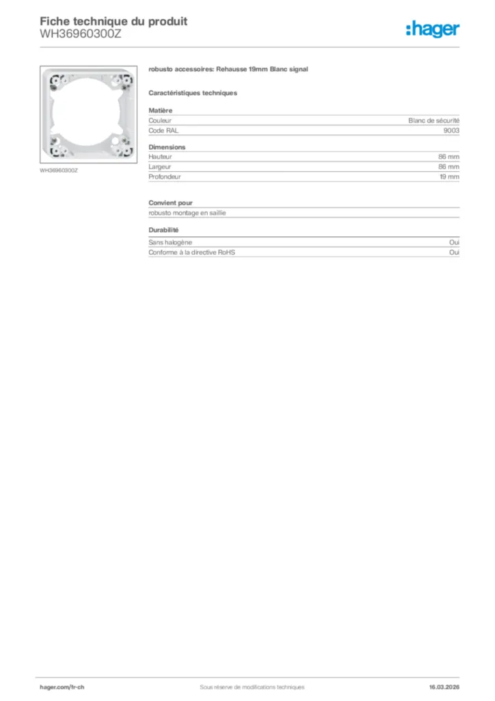 Image Hager Fiche technique du produit WH36960300Z | Hager Suisse