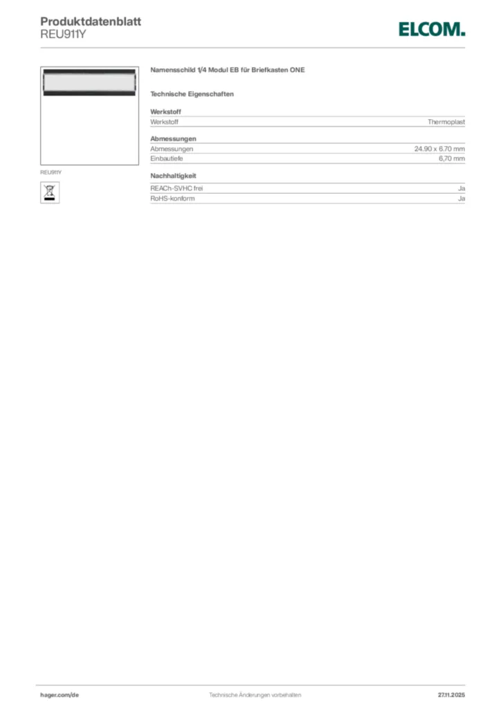 Bild Elcom Produktdatenblatt REU911Y | Hager Deutschland