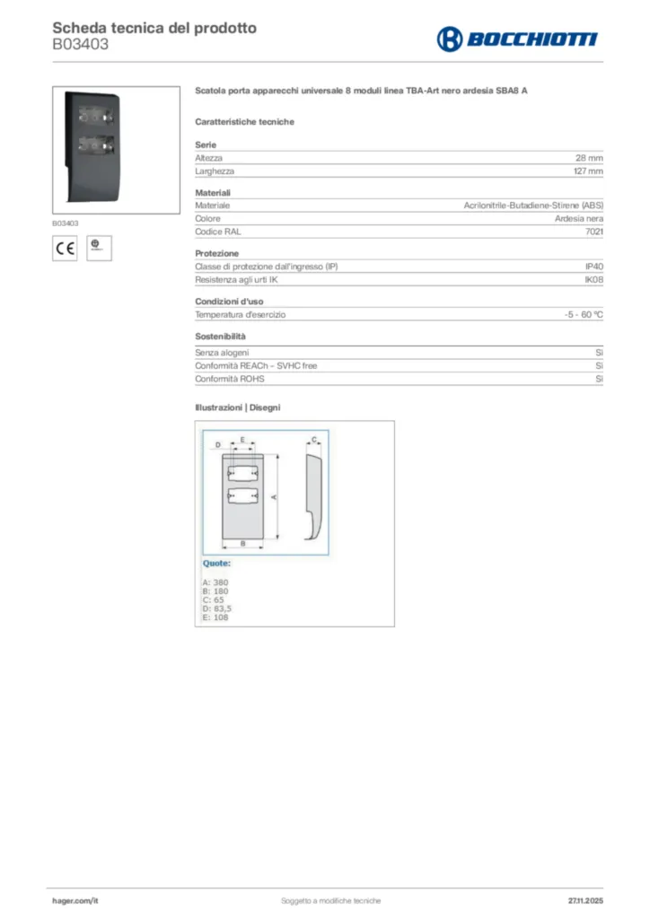 Immagine Bocchiotti Scheda tecnica del prodotto B03403 | Hager Italia