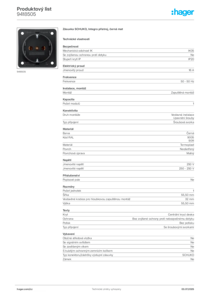 Obrázek Hager Produktový list 9418505 | Hager