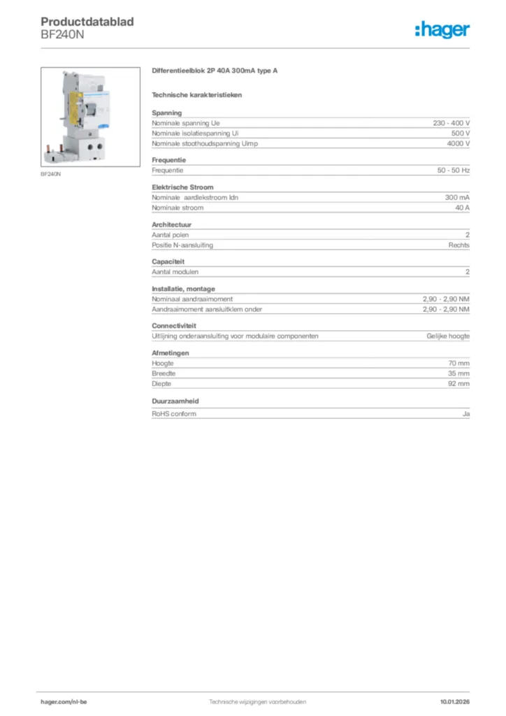 Afbeelding Hager Productdatablad BF240N | Hager Belgium