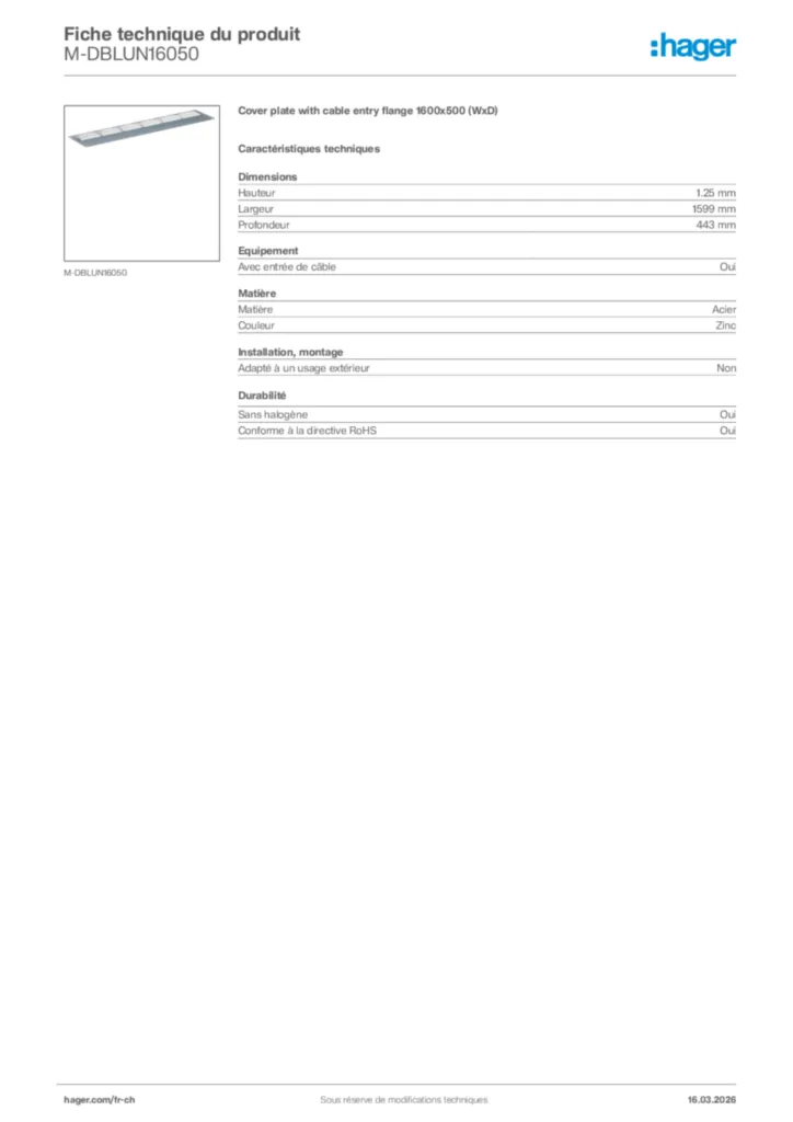 Image Hager Fiche technique du produit M-DBLUN16050 | Hager Suisse