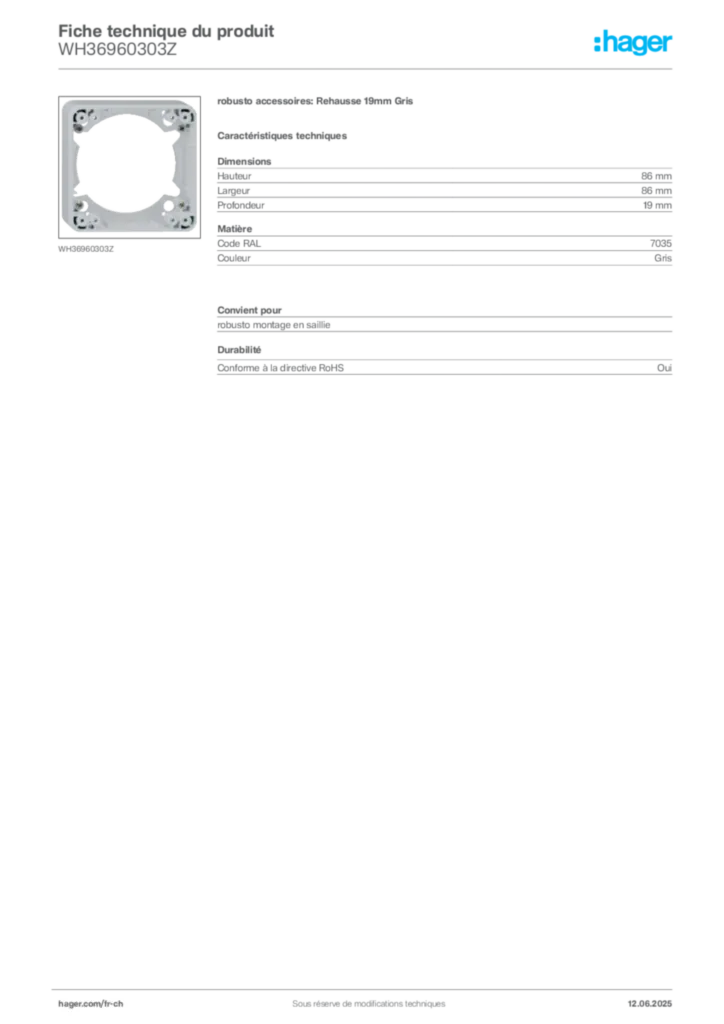 Image Hager Fiche technique du produit WH36960303Z | Hager Suisse