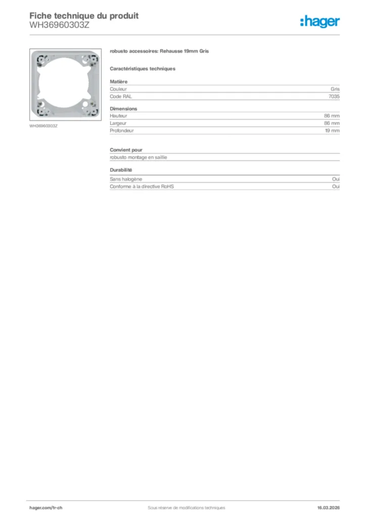 Image Hager Fiche technique du produit WH36960303Z | Hager Suisse