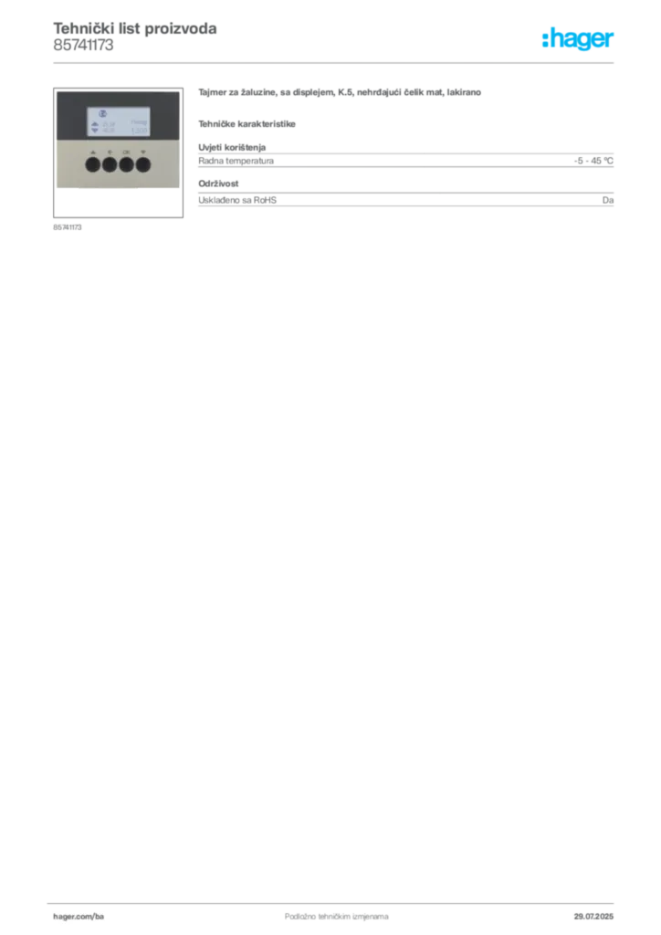 Slika Hager Product data sheet 85741173  | Hager