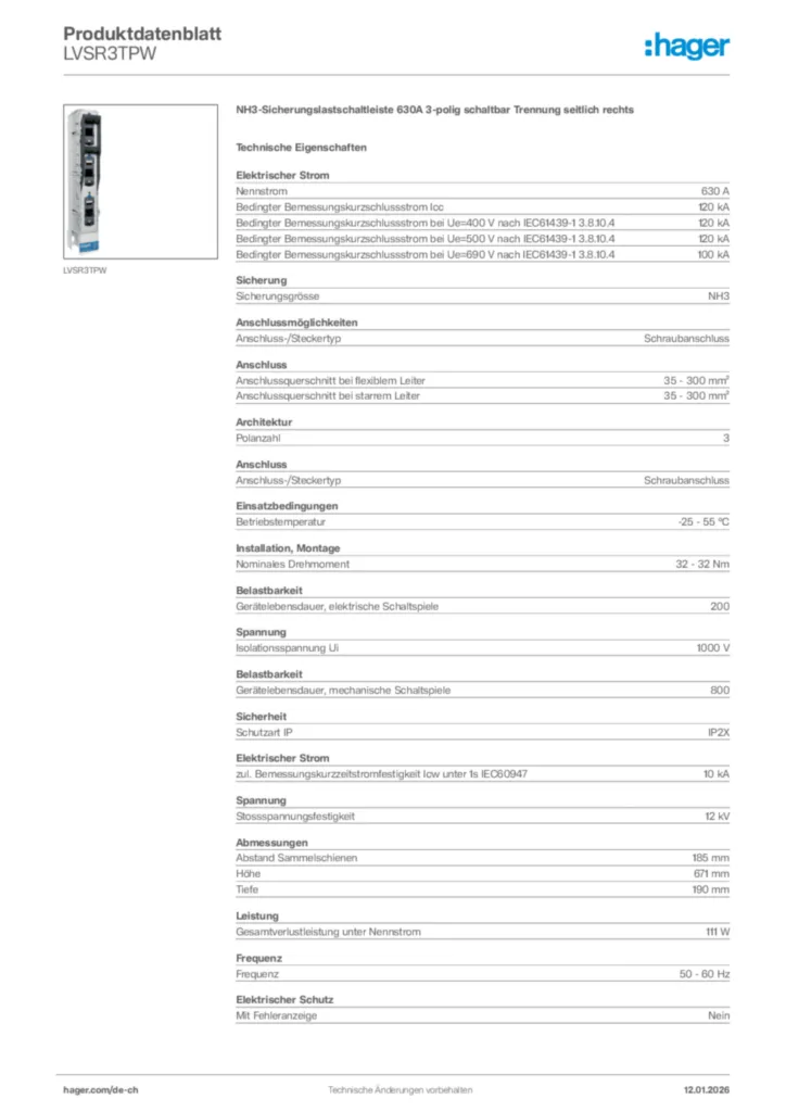 Bild Hager Produktdatenblatt LVSR3TPW | Hager Schweiz