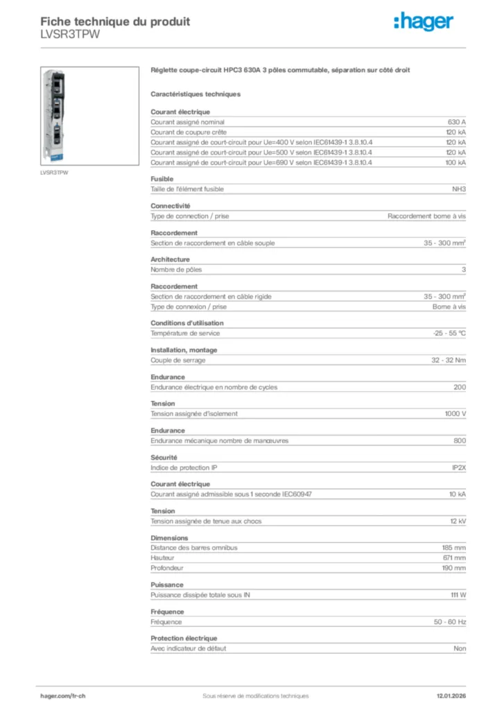 Image Hager Fiche technique du produit LVSR3TPW | Hager Suisse