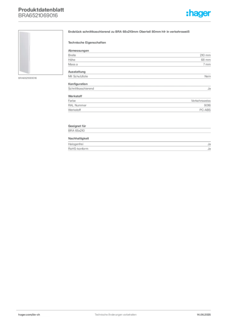 Bild Hager Produktdatenblatt BRA6521069016 | Hager Schweiz