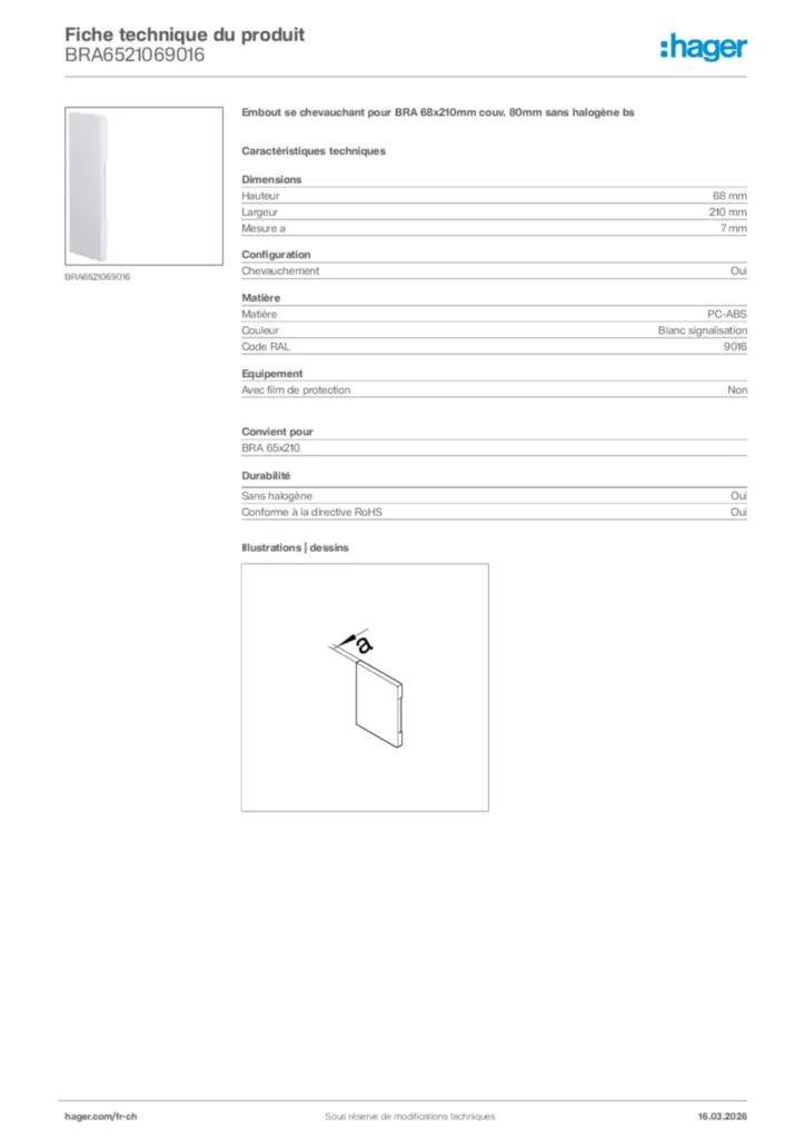 Image Hager Fiche technique du produit BRA6521069016 | Hager Suisse