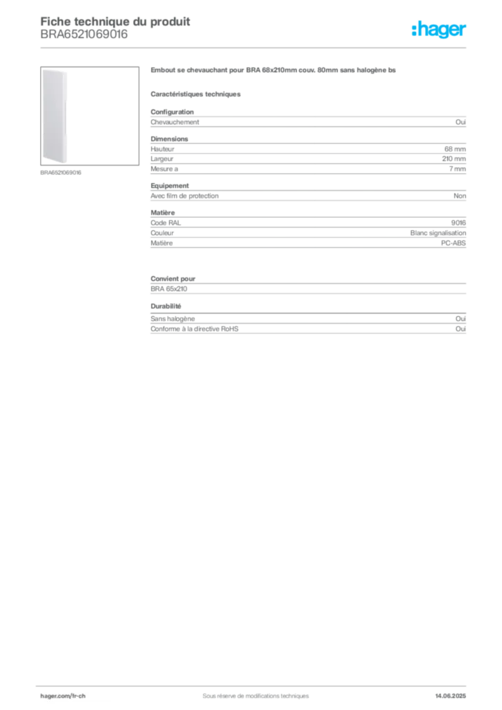 Image Hager Fiche technique du produit BRA6521069016 | Hager Suisse