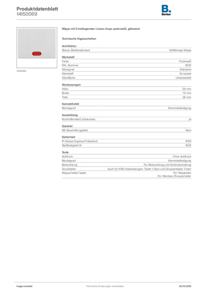 Bild Berker Produktdatenblatt 14150069 | Hager Deutschland