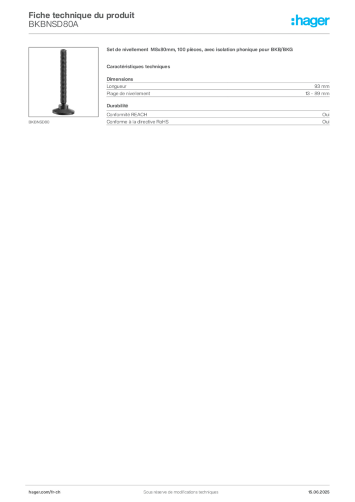 Image Hager Fiche technique du produit BKBNSD80A | Hager Suisse