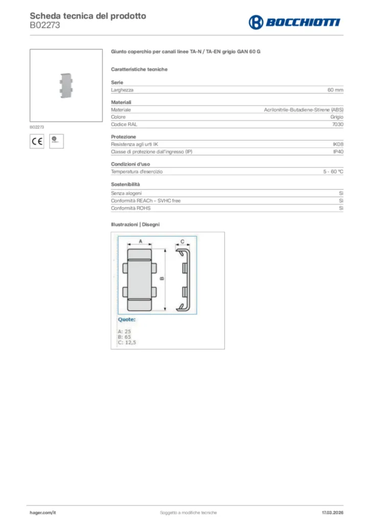 Immagine Bocchiotti Scheda tecnica del prodotto B02273 | Hager Italia