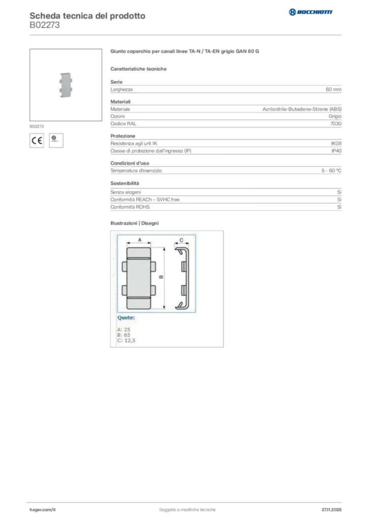Immagine Bocchiotti Scheda tecnica del prodotto B02273 | Hager Italia