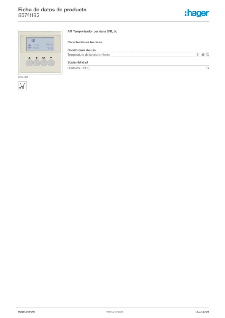 Imagen Hager Ficha de datos de producto 85741182 | Hager España