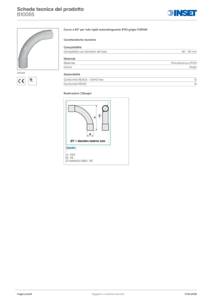 Immagine Inset Scheda tecnica del prodotto B10085 | Hager Italia
