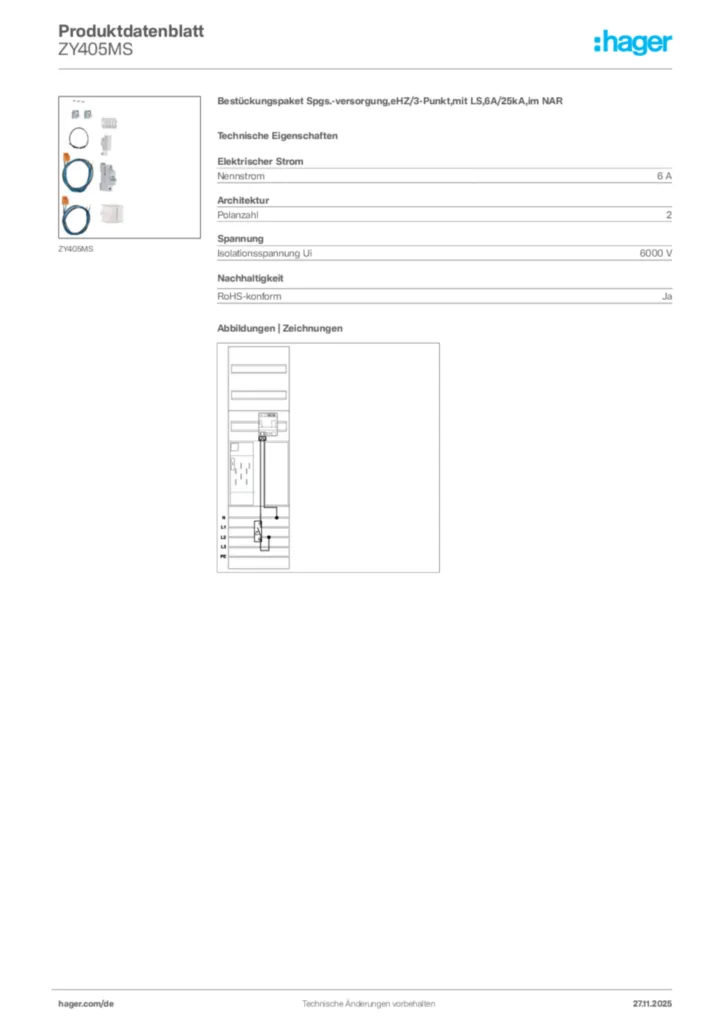 Bild Hager Produktdatenblatt ZY405MS | Hager Deutschland