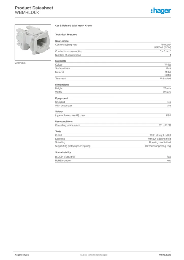 Image Hager Product data sheet WBMRLD6K  | Hager Australia