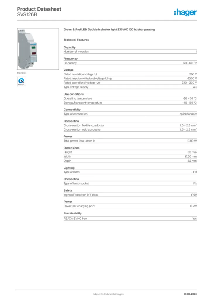 Image Hager Product data sheet SVS126B  | Hager Africa