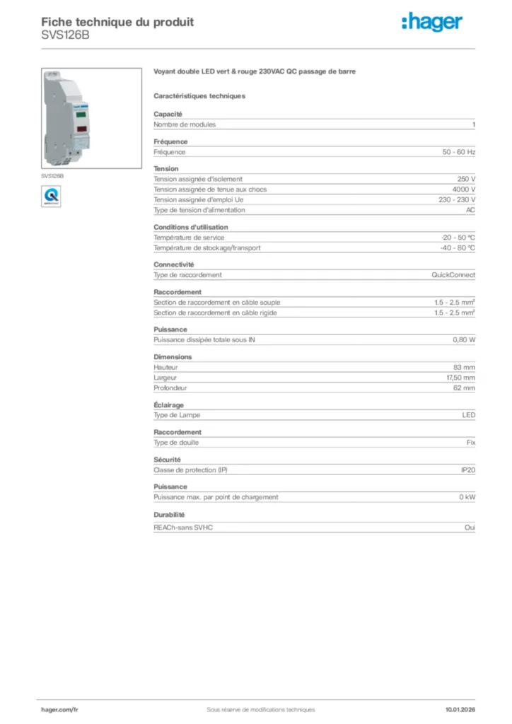 Image Hager Fiche technique du produit SVS126B | Hager France