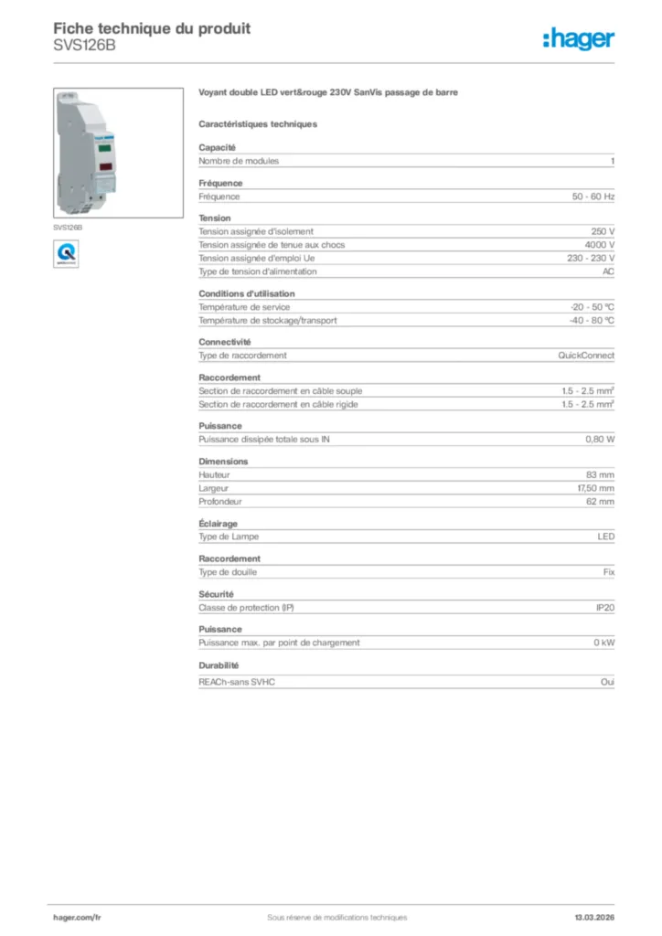 Image Hager Fiche technique du produit SVS126B | Hager France