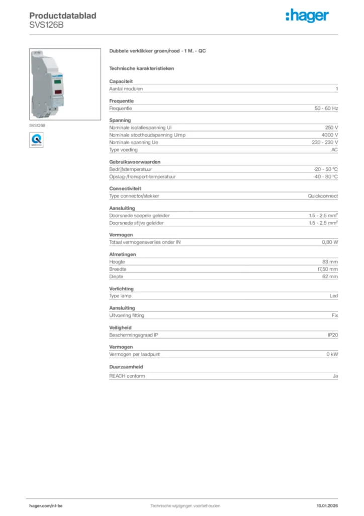 Afbeelding Hager Productdatablad SVS126B | Hager Belgium