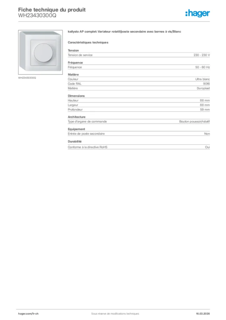 Image Hager Fiche technique du produit WH23430300Q | Hager Suisse