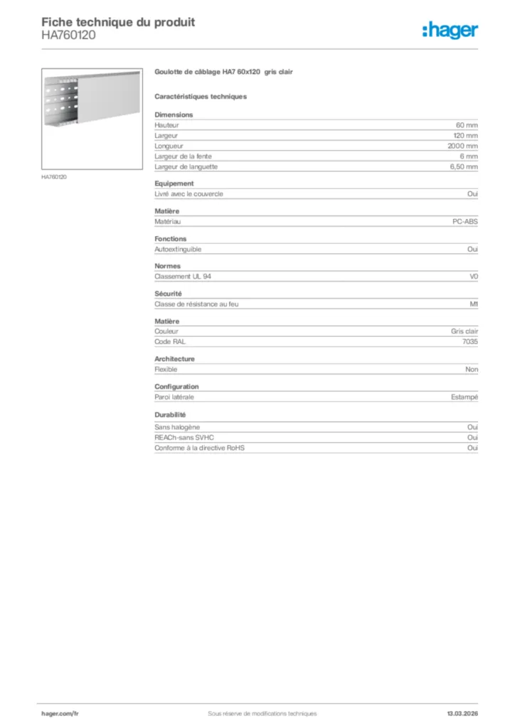 Image Hager Fiche technique du produit HA760120 | Hager France