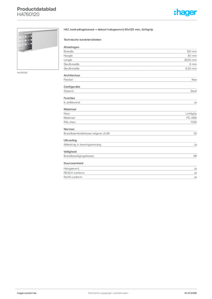 Afbeelding Hager Productdatablad HA760120 | Hager Belgium