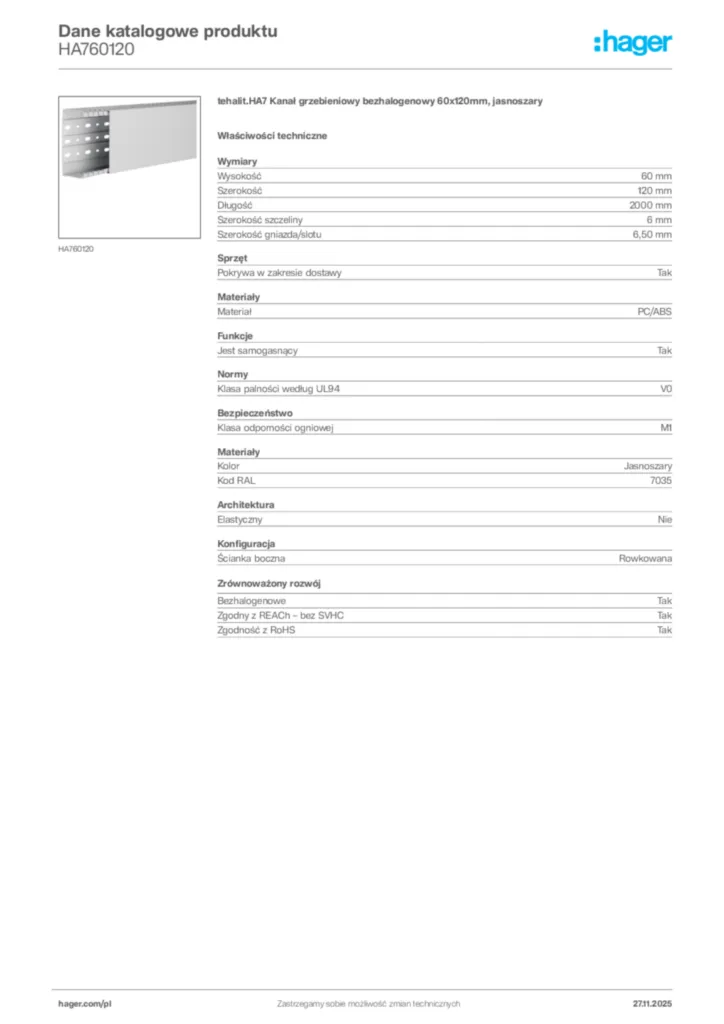 Zdjęcie Hager Karta katalogowa HA760120 | Hager Polska