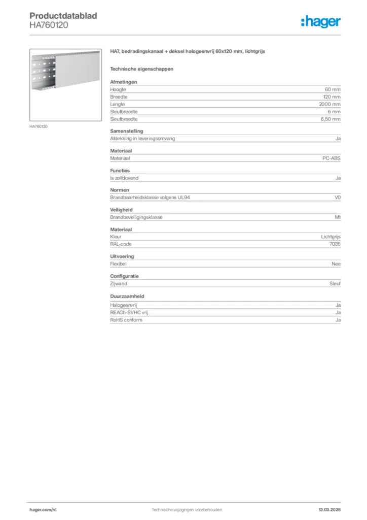 Afbeelding Hager Productdatablad HA760120 | Hager Nederland