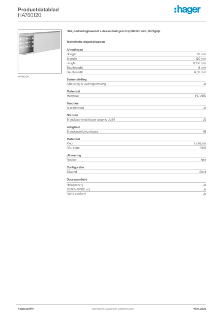 Afbeelding Hager Productdatablad HA760120 | Hager Nederland