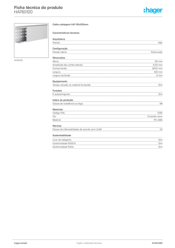 Imagem Hager Ficha técnica do produto HA760120 | Hager Portugal