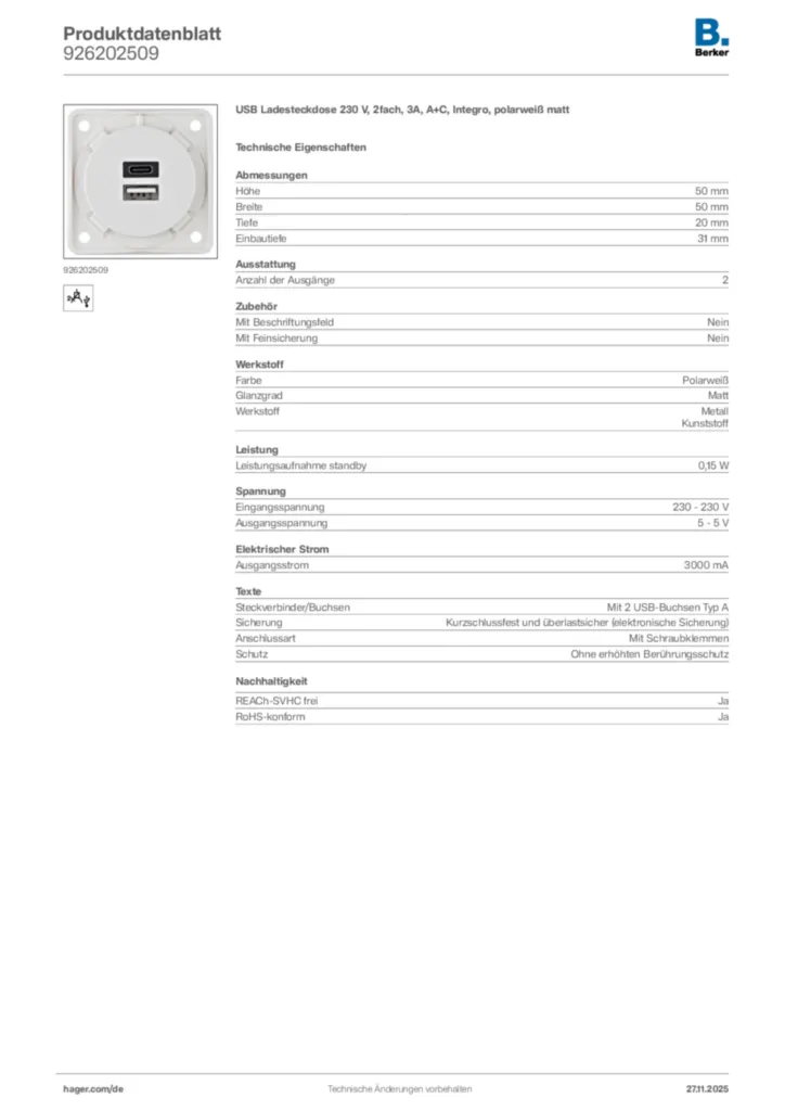 Berker Produktdatenblatt 926202509