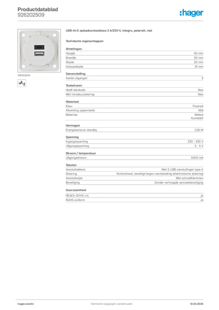 Afbeelding Hager Productdatablad 926202509 | Hager Nederland