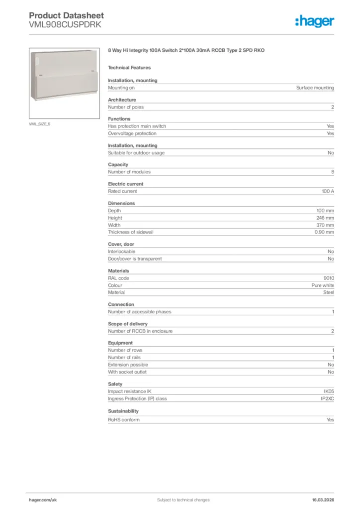 Image Hager Product data sheet VML908CUSPDRK  | Hager