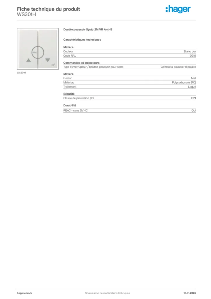Image Hager Fiche technique du produit WS301H | Hager France