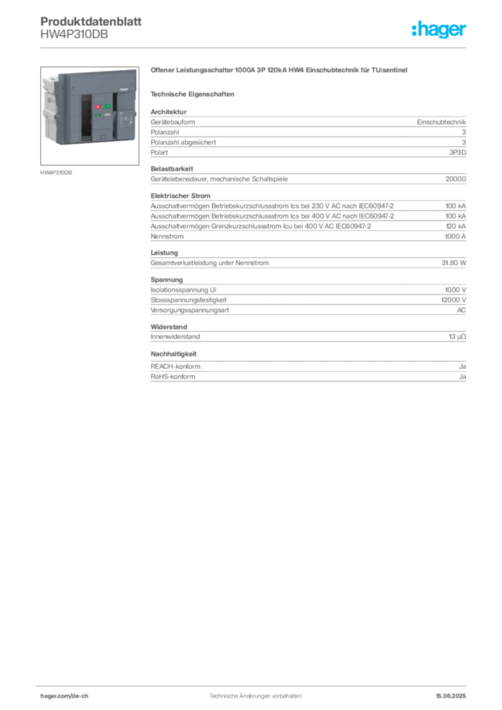 Bild Hager Produktdatenblatt HW4P310DB | Hager Schweiz
