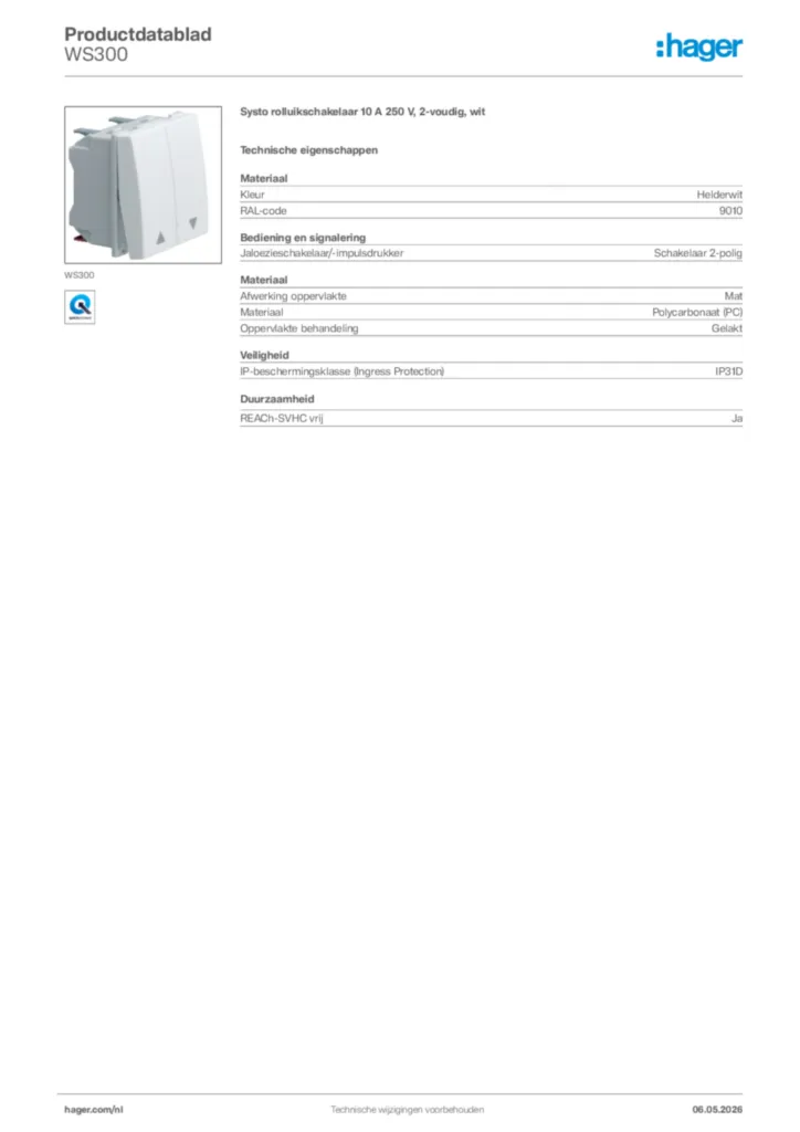 Afbeelding Hager Productdatablad WS300 | Hager Nederland