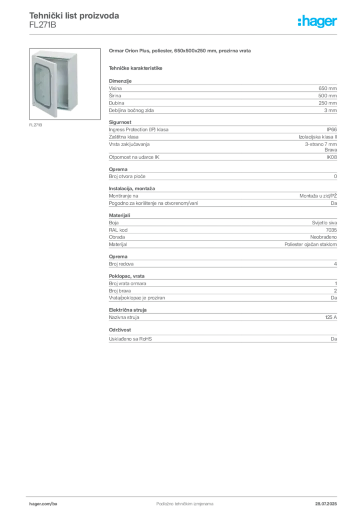 Slika Hager Product data sheet FL271B  | Hager