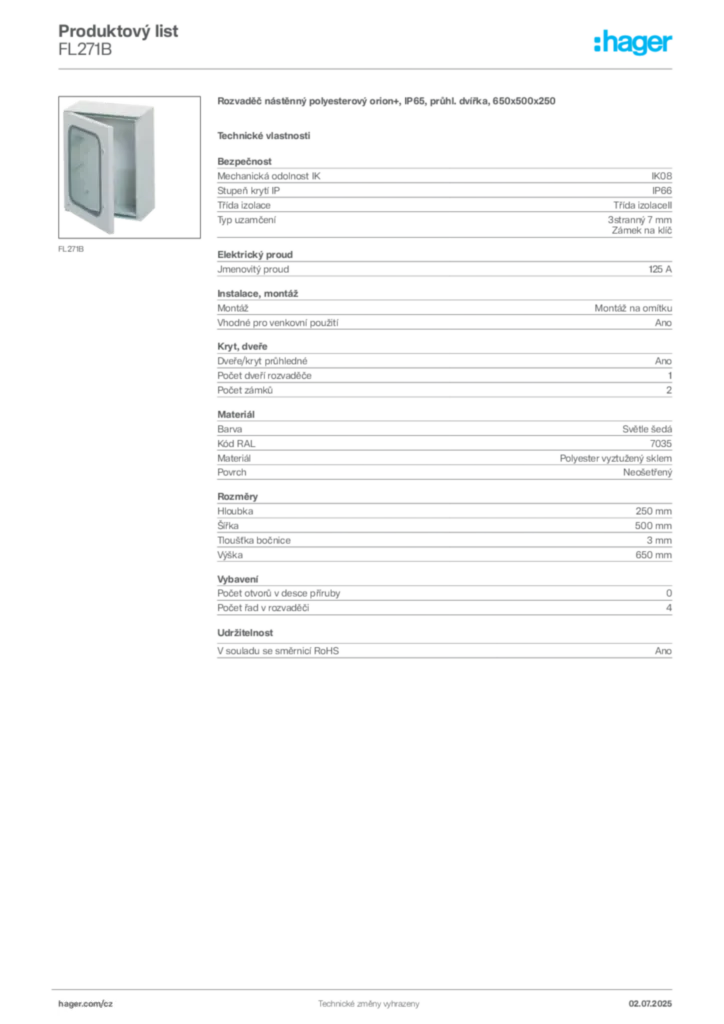 Obrázek Hager Produktový list FL271B | Hager