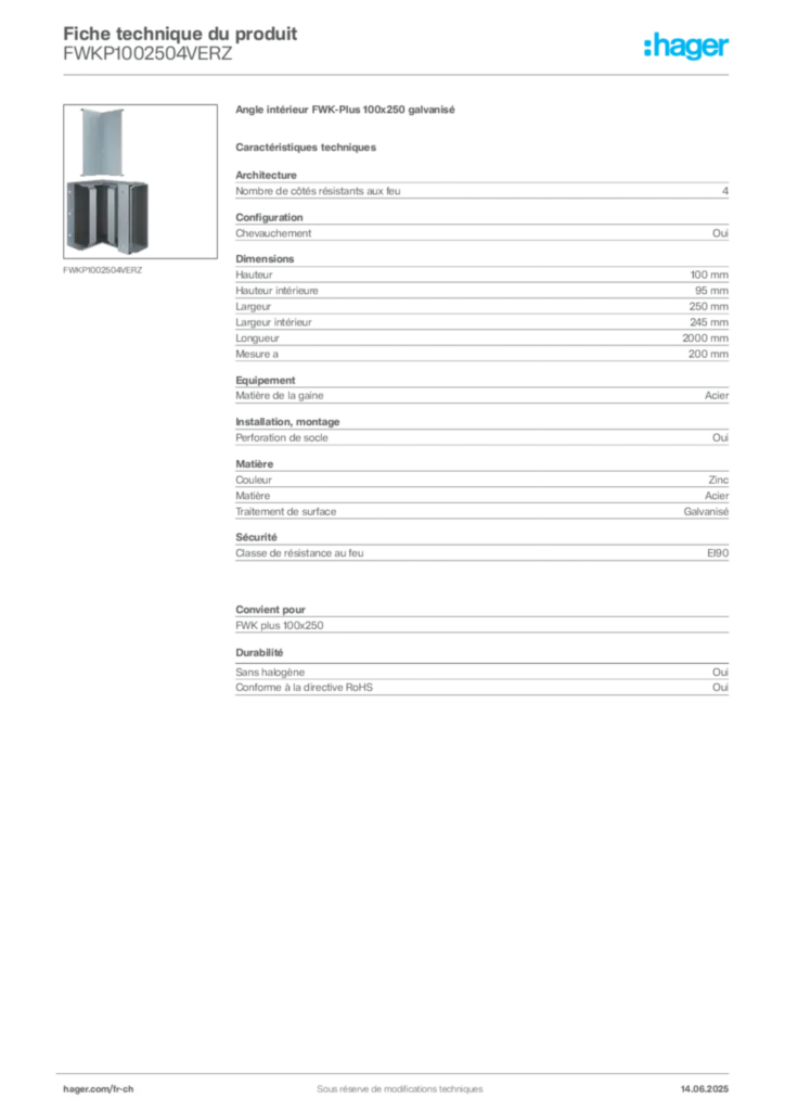 Image Hager Fiche technique du produit FWKP1002504VERZ | Hager Suisse