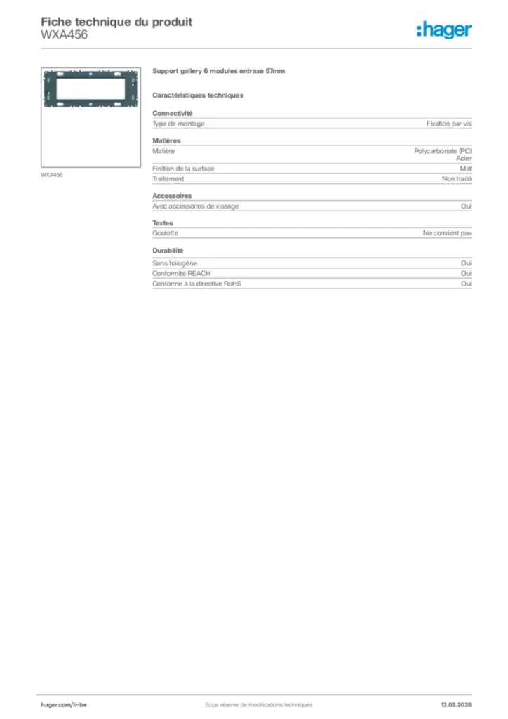 Image Hager Fiche technique du produit WXA456 | Hager Belgique