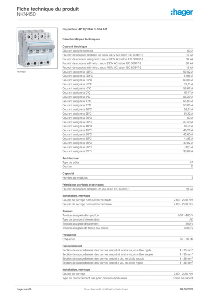 Image Hager Fiche technique du produit NKN450 | Hager France