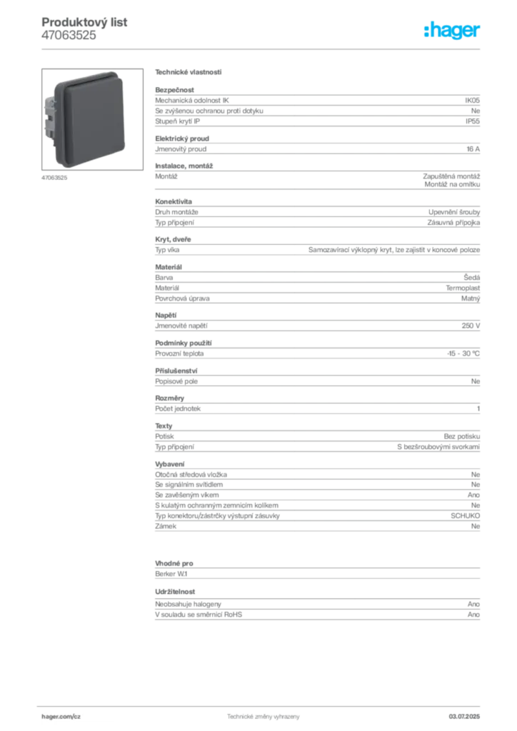 Obrázek Hager Produktový list 47063525 | Hager