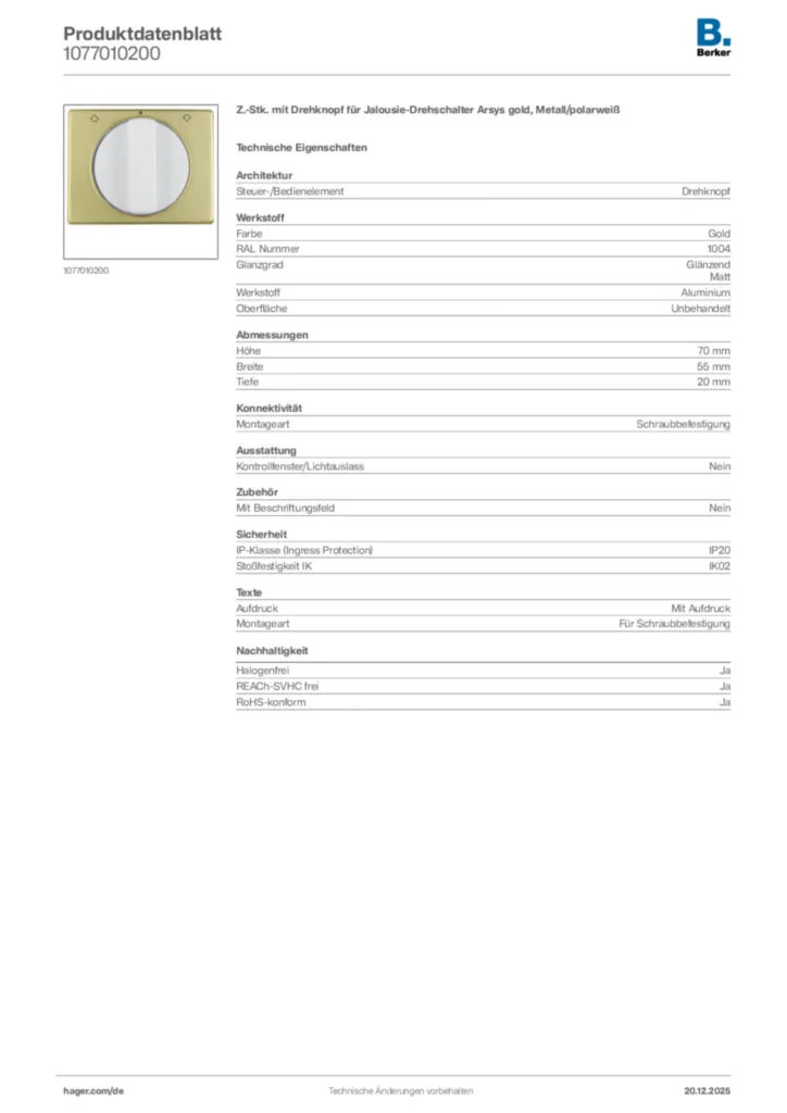 Bild Berker Produktdatenblatt 1077010200 | Hager Deutschland