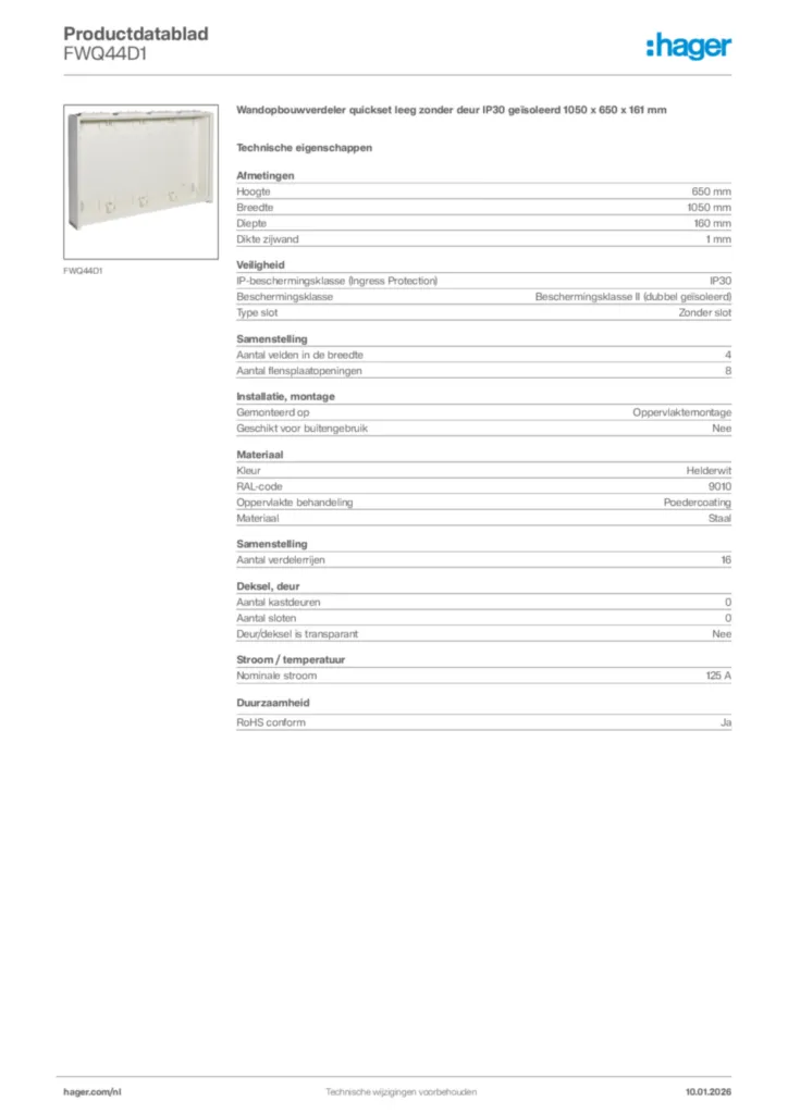 Afbeelding Hager Productdatablad FWQ44D1 | Hager Nederland
