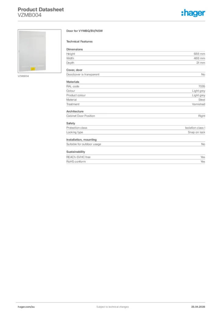 Image Hager Product data sheet VZMB004  | Hager Australia